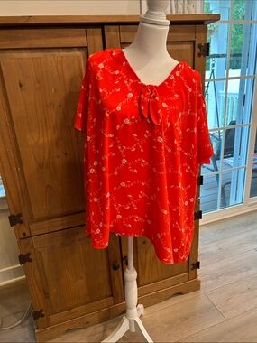LC Lauren Conrad Bright Orange-Red Floral Tie-Neck Blouse
